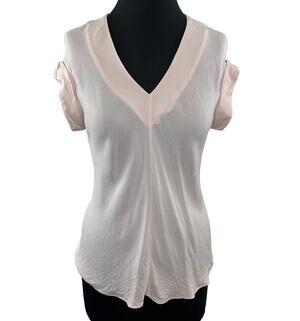 THEORY Light Pink Gyda Silk Blouse V-Neck Cuffed Short Sleeve Work Casual P XS